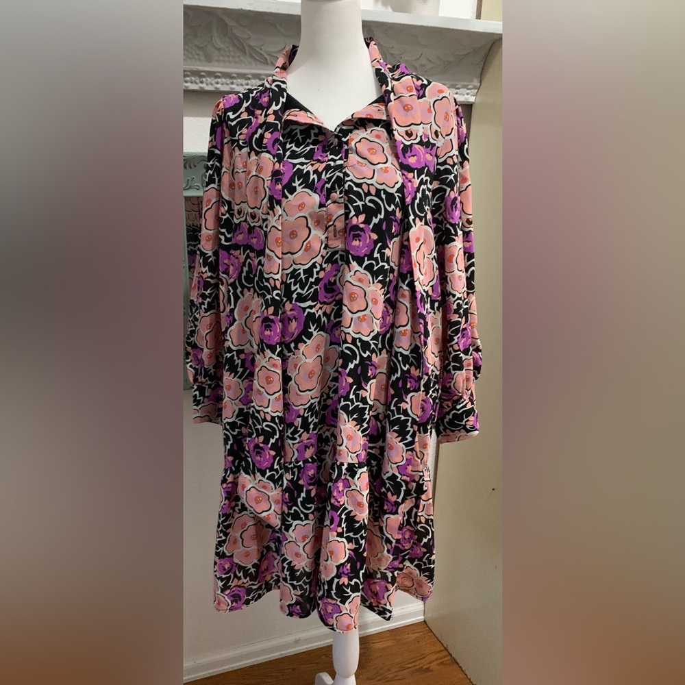 MELLODAY Black Oversized Dress with Pink and Purple Floral Print (XLG)